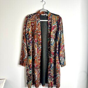 Susan Graver Paisley Print Boho Long-Lined Open Duster Cardigan Bohemian Sz M